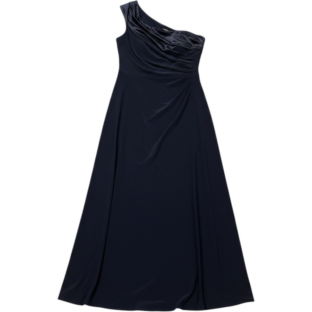Lauren‎ Ralph Lauren Dress Womens 16 Navy Blue One Shoulder Maxi Gown Satin Trim